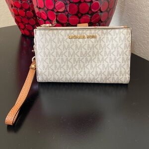 Michael Kors Monogram Wristlet in Cream and Tan
